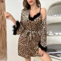 Sexy leopard print satin pajamas set with faux fur trim and belted robe for women - Leopard Print Set