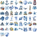 50 wasserfeste transparente blaue Strandaufkleber mit Aquarell-Surfbrettern und Muscheln - Azurblaue Küste