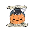 Broche Halloween en émail avec chat noir dans une citrouille et bannières Happy Halloween - Style Chat Noir dans la Citrouille (CC1178)