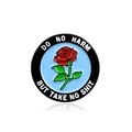 Épingle émaillée avec rose rouge et texte 'Do no harm but take no shit' sur fond bleu clair - Style Rose Ronde (CC818)