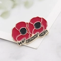 Enamel brooch with double red poppy flowers and Try Burning These gold letter text - Red Poppy Double Flower (CC1347)