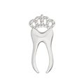 Silver molar tooth brooch with crown design featuring sparkling white crystals - Silver Crown Tooth Shape (CC397)