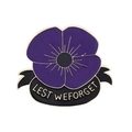 Purple enamel poppy brooch with gold trim and Lest We Forget commemorative banner - Purple Poppy (CC1349)