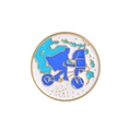 Round enamel brooch featuring ET cycling scene with golden edge and blue background - Alien Cycling (CC1216)