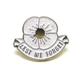 Poppy enamel brooch with white petals and colorful glitter center and Lest We Forget text - White Flower Commemorative Badge (CC1384)
