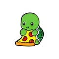 Detail shot of cute cartoon turtle enamel pin eating a slice of pepperoni pizza - Pizza Eating Turtle Style (CC1311)