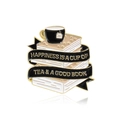Broche de esmalte con libros apilados, taza de té negra y texto dorado en cinta negra - Estilo Pila de Libros Taza de Té (CC1315)