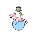 Enamel pin shaped like a blue potion bottle with Tears of Men text on pink ribbon - Blue Potion Bottle (CC1720)