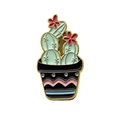 Cartoon cactus enamel pin with pink flowers and a colorful patterned black base - Flowering Cactus Potted Style (CC1604)