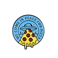Insigne rond en émail avec motif OVNI et pizza et texte humoristique sur fond blanc - Style Pizza OVNI (CC1562)