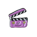 Creative purple clapperboard enamel pin with a cute cartoon face on a plain white background - Anthropomorphic Clapperboard (CC1658)