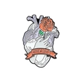 Artistic anatomical heart enamel pin featuring a rose and hand with Rose & Love banner - Rose And Love Heart