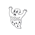 Spilla creativa a forma di fantasma con testo OVERTHINK EVERYTHING su sfondo bianco - Design Fantasma con Mani Alzate (CC604)