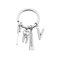 Portachiavi in metallo argento con spazzolino, dente, dentifricio e ciondolo lettera V - Stile V (KC004-V)