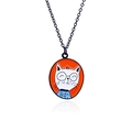 Süße weiße Zeichentrickkatze mit Brille auf orangefarbenem Anhänger mit Kette - Schlaue Katze mit runder Brille Stil (XL050)