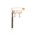 Golden safety pin brooch featuring lavender pearls, crystals, and black chain tassel - Tassel Rhinestone Style (CC2197)