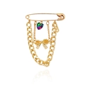 Golden safety pin brooch featuring a purple heart pendant and a butterfly charm with chains - Gradient Heart Bow Style (CC2198)