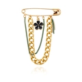 Golden pin brooch featuring thick Cuban chain and elegant black enamel floral pendant - Enamel Five-Petal Flower Style (CC2199)