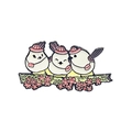 Detail of cartoon white birds with pink hats on a floral branch enamel brooch - Birds On Cherry Branch (CC2236)