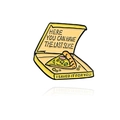 Smiling pizza box enamel pin with a slice featuring mushrooms and bell peppers - Yellow Pizza Box Style (CC1676)
