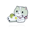 Spilla in smalto con gatto bianco che tiene una tazza di tè al limone e fiocco - Gatto con Tazza da Tè (CC2106)
