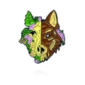 Wolf and skull enamel brooch with pink floral accents and green leaves on white background - Wolf Skeleton Design (CC2111)