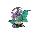 Retro gramophone brooch with purple lily flower design and golden enamel accents - Purple Lily Gramophone Style (CC690)