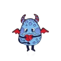 Blue monster enamel brooch with striped horns holding a red broken heart on white background - Blue Monster With Heart (CC2288)