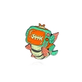 Surrealistische TV-Fisch-Emaille-Anstecknadel in Orange und Mint auf weißem Grund - TV-Kopf Fischgräten-Roboter (CC2233)
