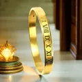 6mm wide gold-plated titanium steel bracelet featuring Roman numeral engravings for men - Roman Numerals (15-E-1) / 6mm Width / Gold