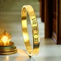 6mm wide gold-plated titanium steel bracelet featuring Roman numeral engravings for men - Roman Numerals (15-E-1) / 6mm Width / Gold