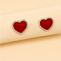 Elegant gold-plated heart stud earrings with red enamel and sparkling crystal pavé - Red Heart Style (RH390)