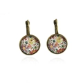 Vintage bronze round earrings with floral pattern and secure lever-back closure - Bronze Floral Style (RH344)
