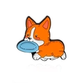 Cartoon Corgi Emaille-Pin mit orange-weißem Hund, der in eine blaue Frisbeescheibe beißt - Frisbee Corgi (CC873)