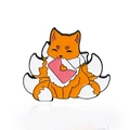 Cartoon nine-tailed fox enamel pin in orange and white holding a pink love letter - Holding Letter Style (CC554)