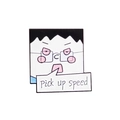 Spilla in smalto divertente con faccia imbronciata e citazione Pick up speed su sfondo bianco - Stile Accelerazione (CC192)