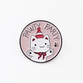 Cartoon white cat enamel pin with PAWTY PARTY text on pink round metal badge - White Cat With Party Hat (CC577)