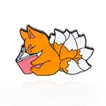 Cartoon orange nine-tailed fox enamel pin reading a pink book, cute animal badge - Reading Fox Style (CC556)