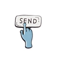 Blue and white enamel pin featuring a finger clicking a SEND button in social media style - Cc1494