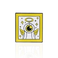 Cartoon enamel pin featuring a single-eyed angel with halo and yellow stars on square frame - One-Eyed Angel Style (CC261)