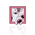 Pink cartoon enamel pin featuring abstract angel characters with large eyes in a frame - Pink Artistic Eye Style (CC262)