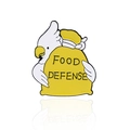 Cartoon white cockatoo enamel pin clutching a yellow bag labeled Food Defense - Food Defense Style (CC1836)