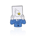 Funny pigeon lapel pin featuring a man in blue suit holding a cockatoo bird sign - Suit Holding Board Style (CC1837)
