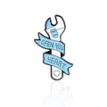 Enamel wrench pin with ribbon design and Open You Heart text in light blue and white - Heart Wrench Style (CC101)