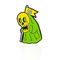 Cartoon enamel pin featuring a skeleton ghost in a green robe holding a bone flag - Skeleton in Green Robe with Flag (CC634)