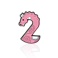 Pink enamel number 2 pin badge with a cute cartoon creature design and glossy finish - Number 2 Seahorse (CC1812)