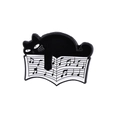 Creative enamel lapel pin featuring a black cat lying on an open sheet music book - Music Score Cat Shape (CC1200)