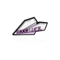 Minimalist paper plane enamel brooch with Goodluck text and purple origami design - Paper Plane Style (CC967)