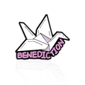 Pink and white enamel origami crane brooch with Benediction text on white background - Paper Crane Style (CC968)