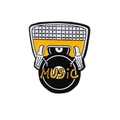 Punk style skeleton hand playing vinyl record enamel pin with yellow music text - DJ Skull Hand Music Style (CC433)